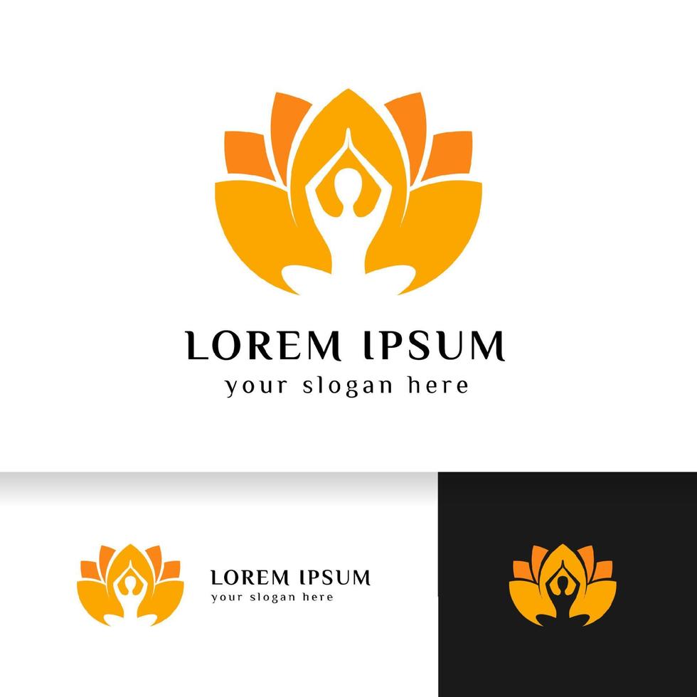 yoga logotyp design lager. mänsklig meditation i lotusblomma vektorillustration i orange färg vektor