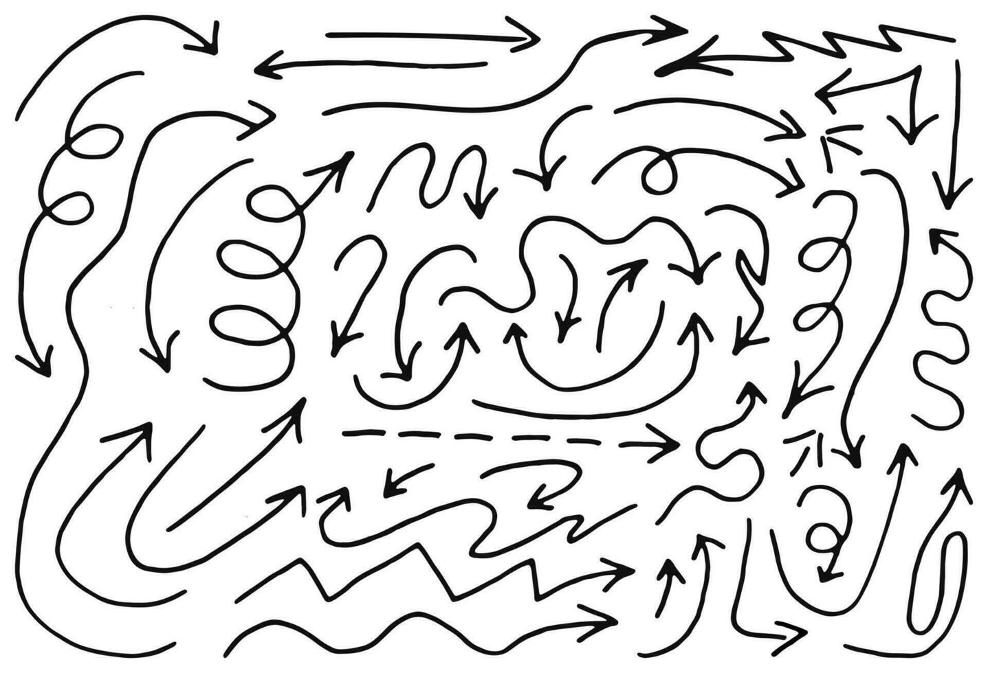 Vektor Symbole Satz. skizzieren Pfeil Design zum Geschäft planen und Bildung. isoliert auf ein Weiß Hintergrund. gebogen Pfeile, Linien, wirbelt. Hand gezeichnet.