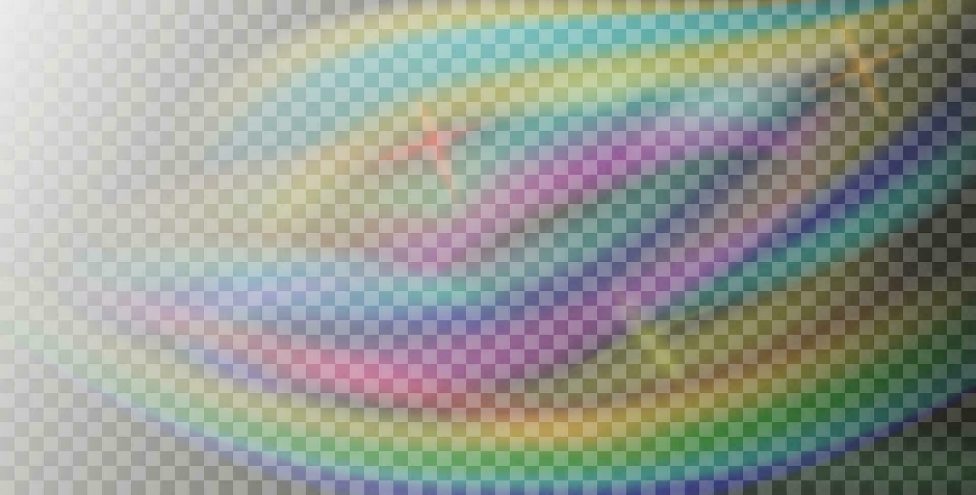 regnbåge färgrik ljus prisma effekt, bakgrund. hologram reflexion, kristall blossa läcka skugga täcka över. vektor illustration av abstrakt suddig regnbågsskimrande ljus bakgrund.
