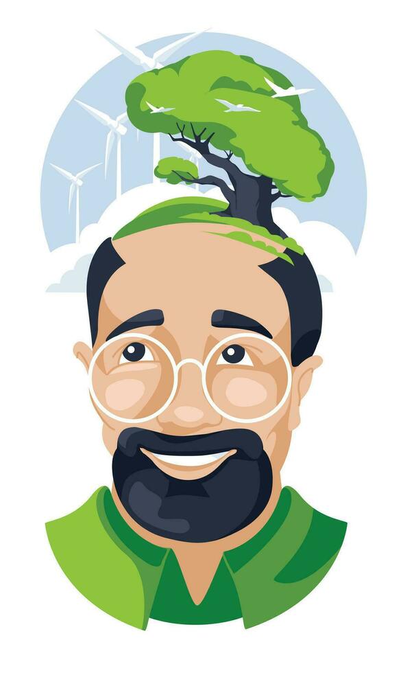 tror handla om de eco design begrepp. porträtt av en man med träd och elektrisk väderkvarnar. miljö- livsstil. vektor platt illustration