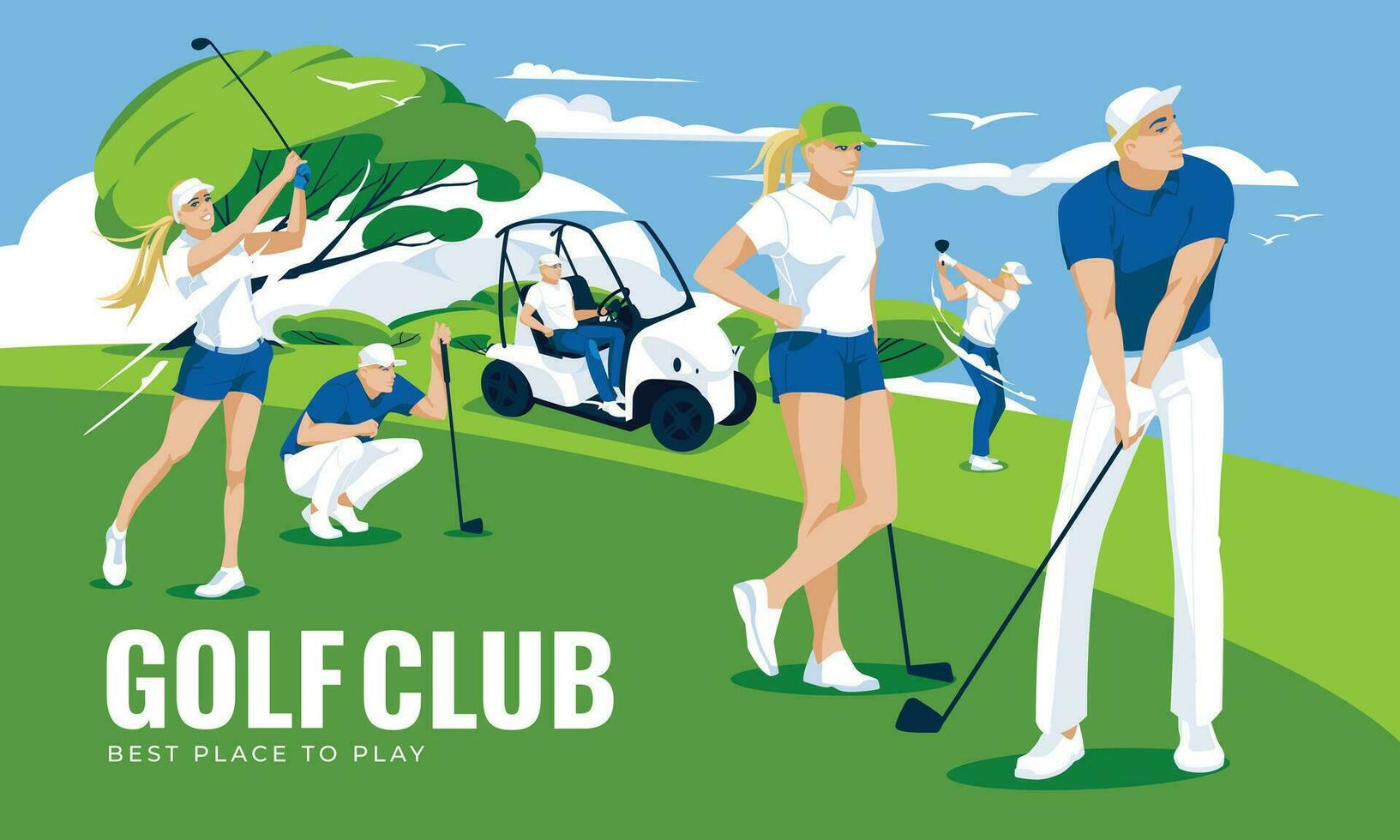 golf kurs med horisontell scen med idrottare. landskap av grön gräsmattor. hobbyer, livsstil, professionell sporter och tävlingar. vektor platt illustration