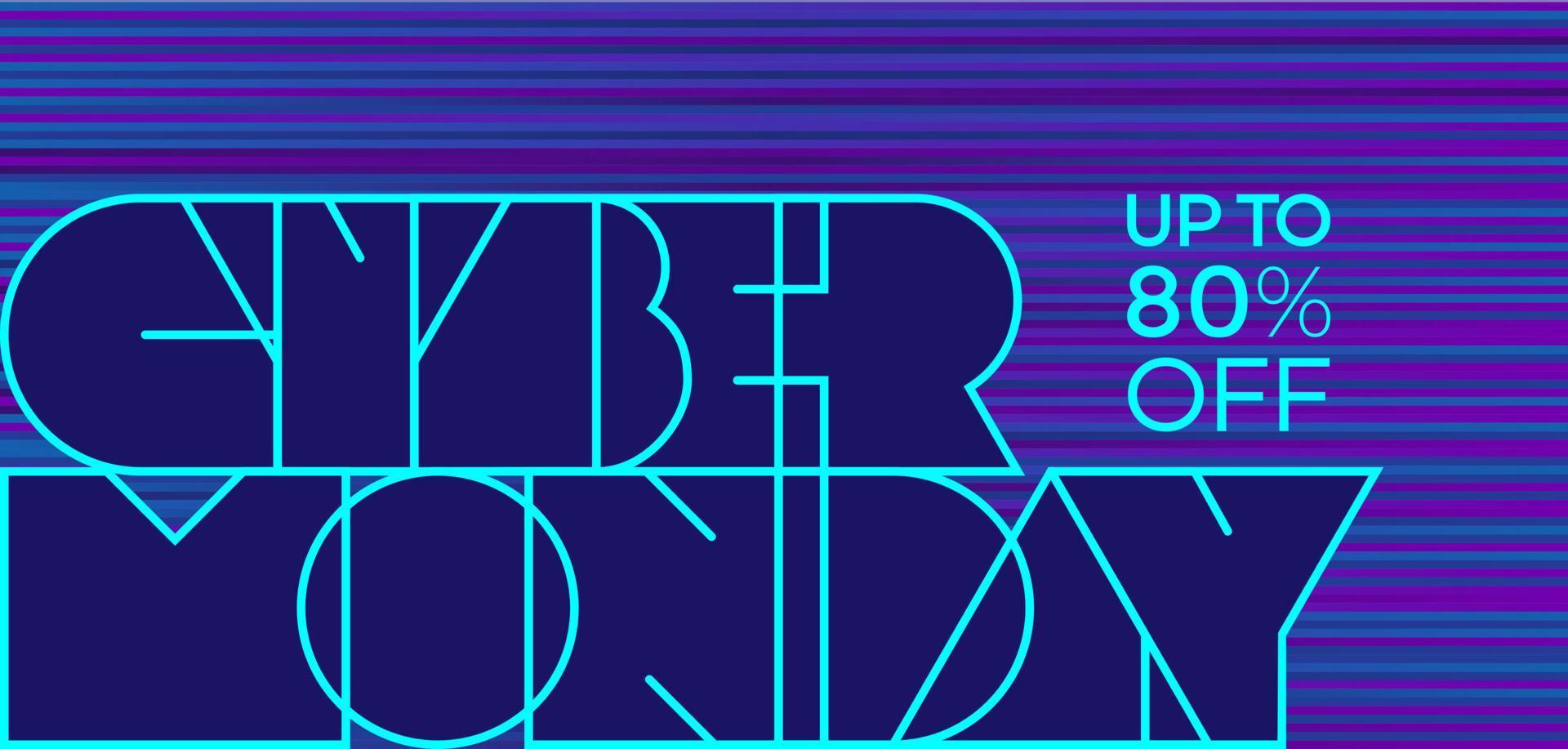 neonbokstäver cyber måndag i cyberpunk stil på blå bakgrund. retro banner till salu erbjudanden. vektor illustration.