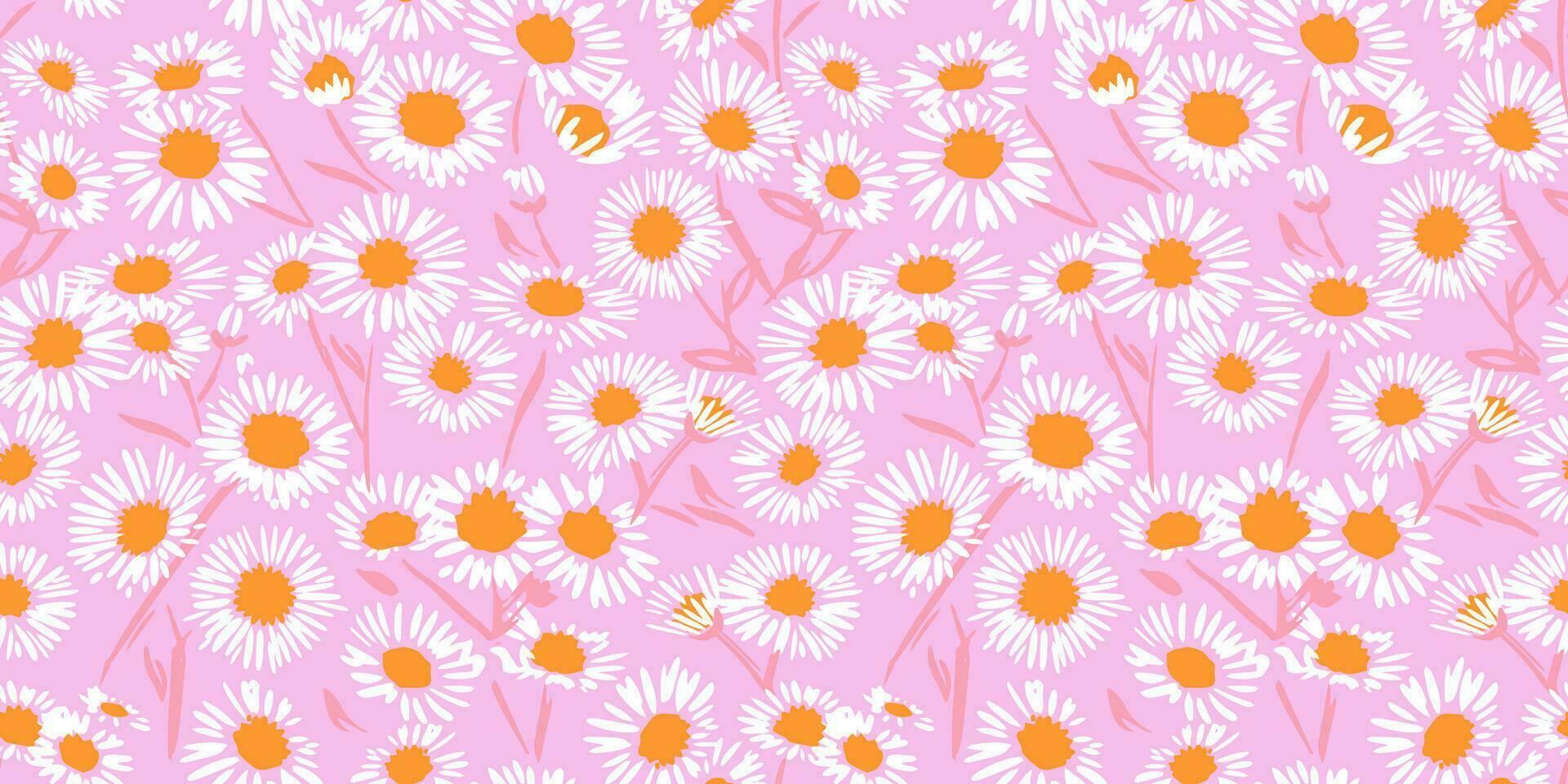 Sommer- nahtlos Muster mit Kamille Blumen- auf ein Rosa Hintergrund. Vektor Hand gezeichnet skizzieren. Blühen Wiese texturiert gestalten ditsy Blumen. Design zum Mode, Stoff, und Textil.