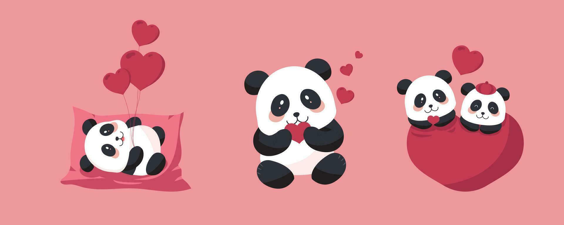 süß Panda Objekt einstellen mit Herz zum Valentinstag tag.illustration Vektor zum Postkarte, Symbol, Aufkleber