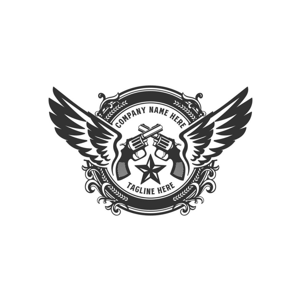 Jahrgang retro Cowboy Texas gekreuzt Waffen Abzeichen Emblem Flügel Logo vektor