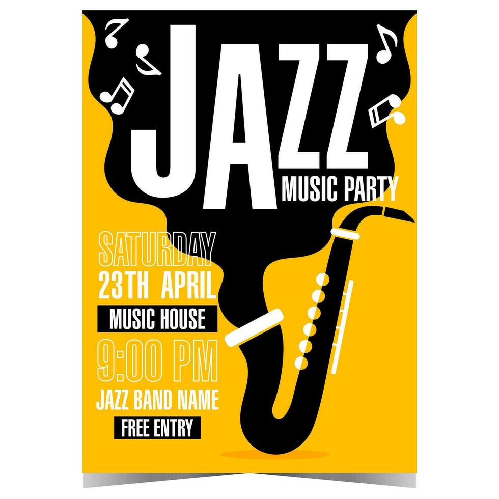 jazz musik fest affisch eller baner, instrumental konsert eller musik festival inbjudan med svart saxofon på en gul bakgrund och musikalisk anteckningar. vektor illustration för kulturell visa av jazz musik.