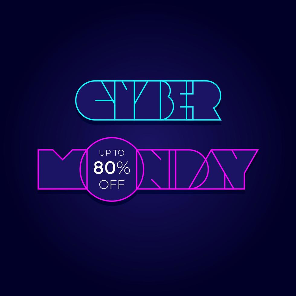 neon fyrkantiga bokstäver cyber måndag i cyberpunk stil på mörkblå bakgrund. vektor mall för banners och försäljningserbjudanden.