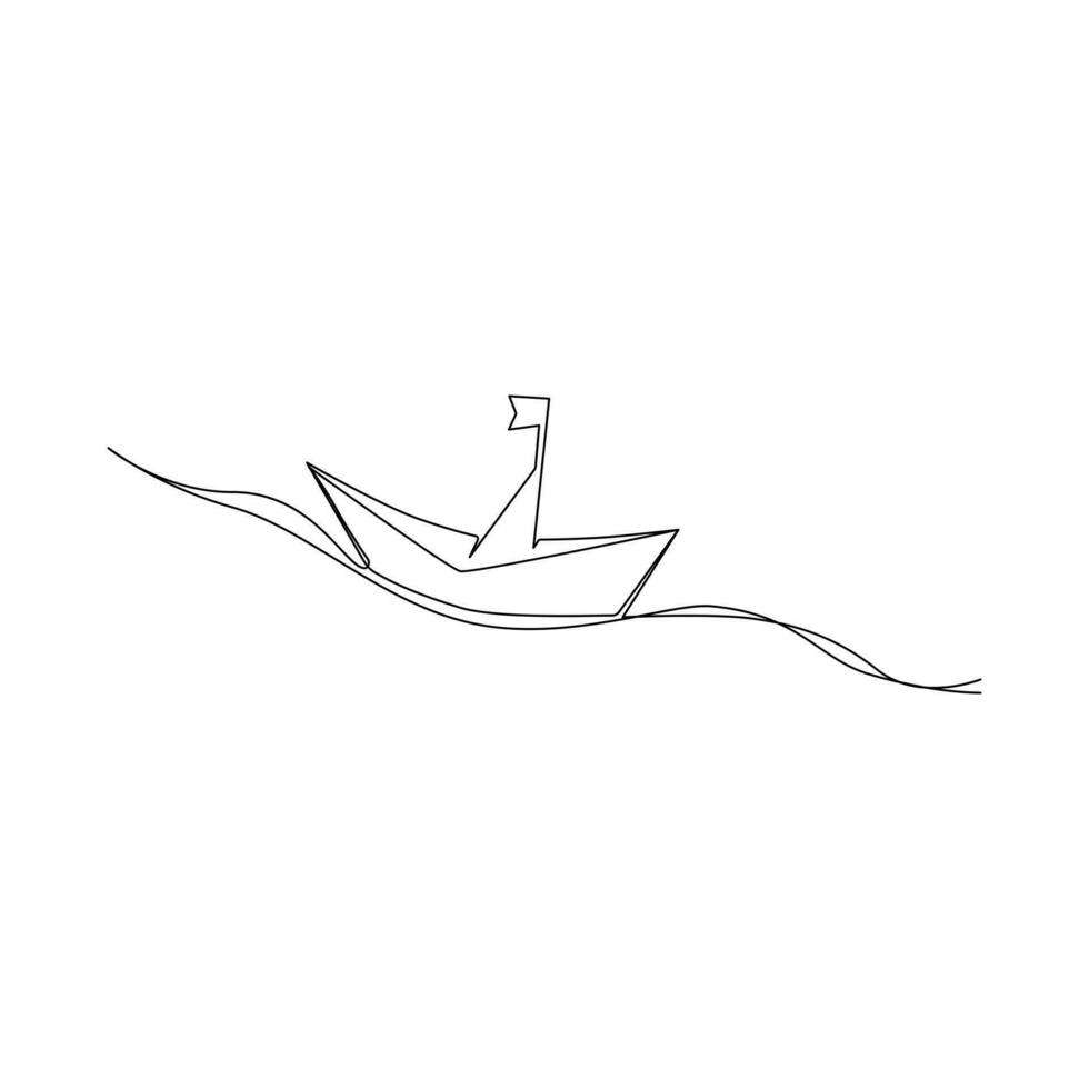 kontinuerlig en linje papper båt vektor teckning på vatten, konturstil en kö illustration konst