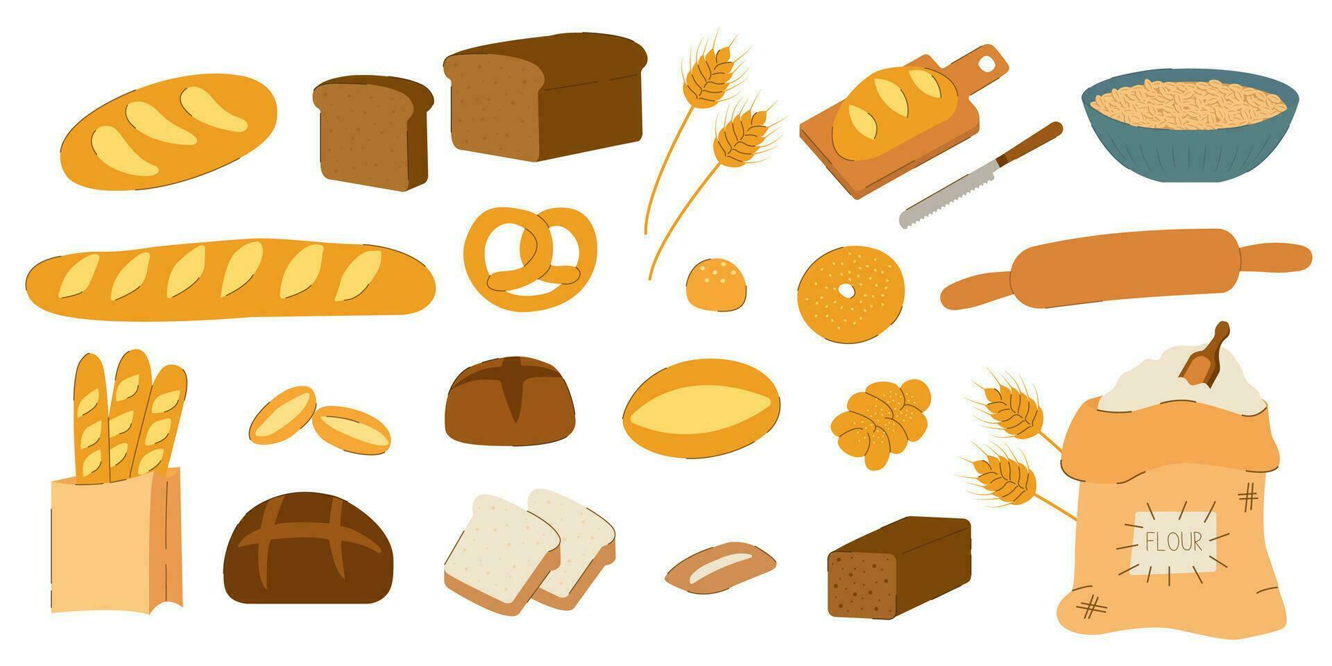 Backen Illustration Satz. Gebäck, Baguette, brot, Gebäck, und andere gebacken Waren. Konzept zum ein Bäckerei. Vektor Abbildungen isoliert auf Weiß Hintergrund.