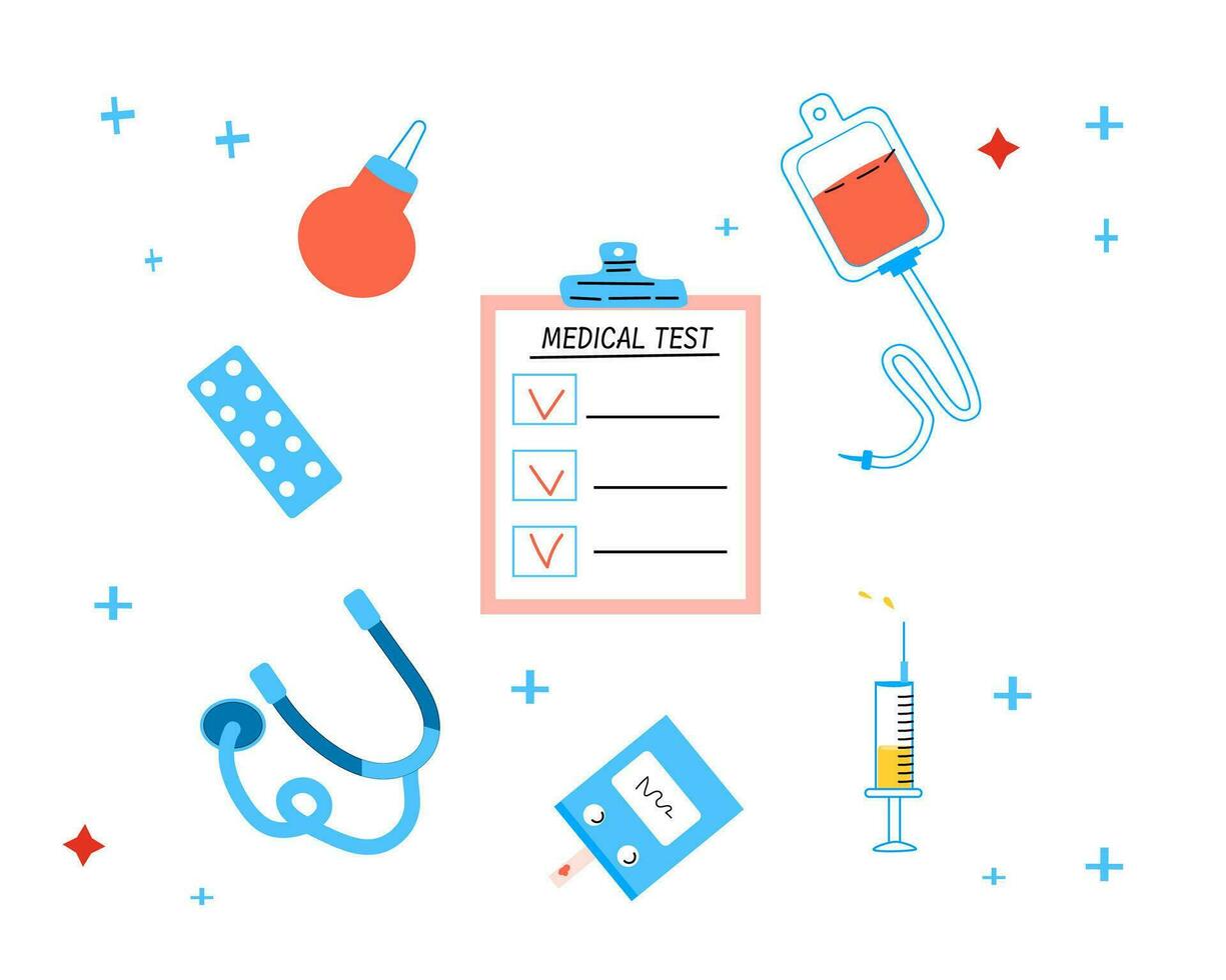 medicinsk bakgrund med sjukvård Utrustning. vektor illustration isolerat. uppsättning av tecknad serie medicinsk förnödenheter.