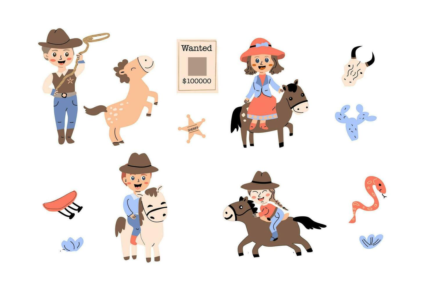 cowboy och cowgirl barn fest baner eller affisch. vektor illustration i platt tecknad serie stil. lämplig för barn födelsedag inbjudan.