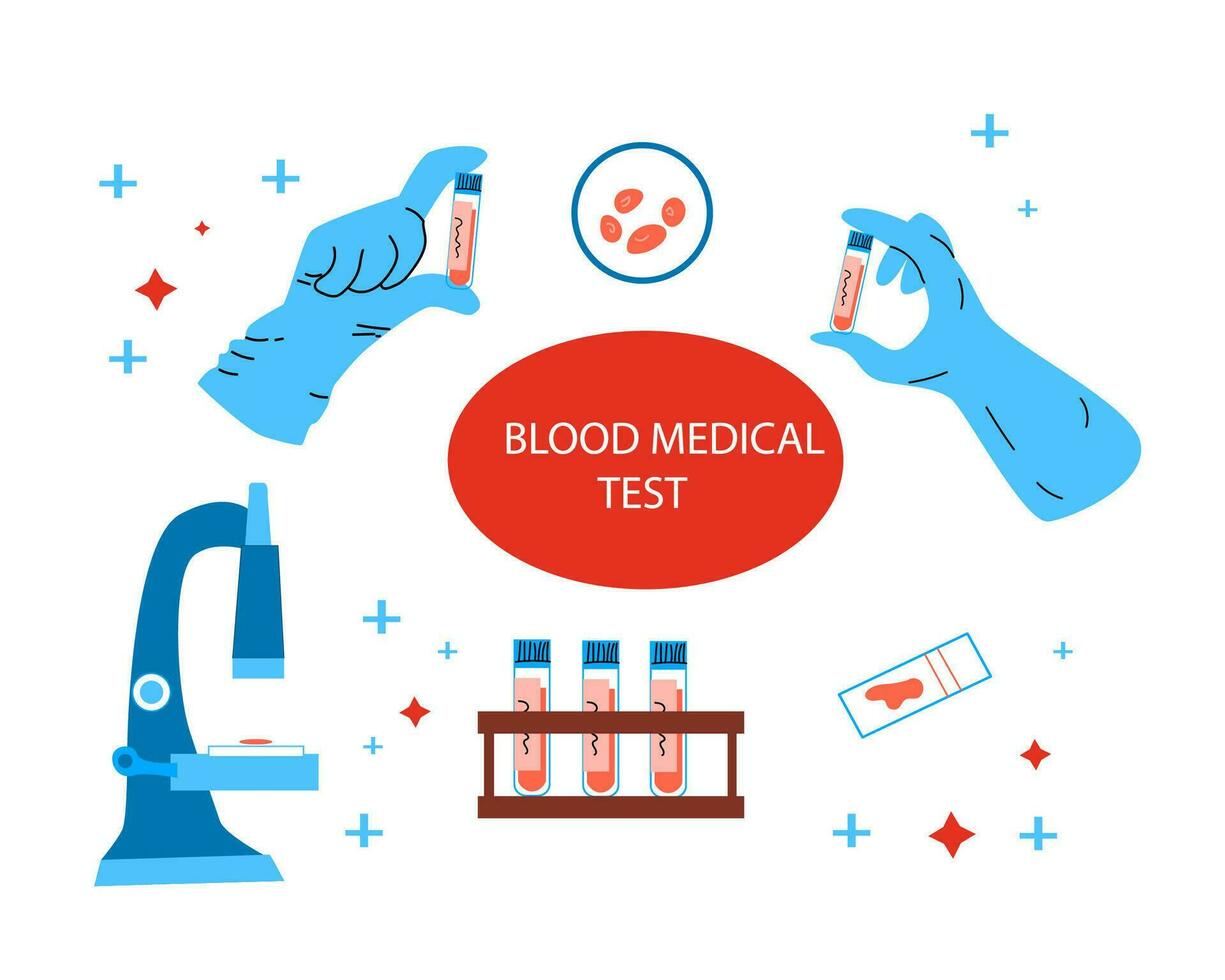 medicinsk testa blod bakgrund i tecknad serie stil. vektor illustration i blå och röd färger. vektor inkluderad medicinsk rör, hand i handskar innehav rör och glas med blod, mikroskop.