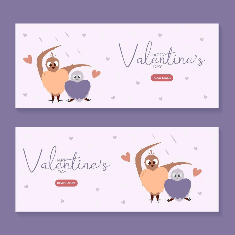 einstellen von Hand zeichnen Banner mit zwei Vogel unter Regen und Herzen zum Valentinstag Tag. glücklich Valentinstag Tag. Pfirsich Flaum, Rot, lila Braue und Rosa Farben.Cartoon Stil. Netz Design Vektor Illustration