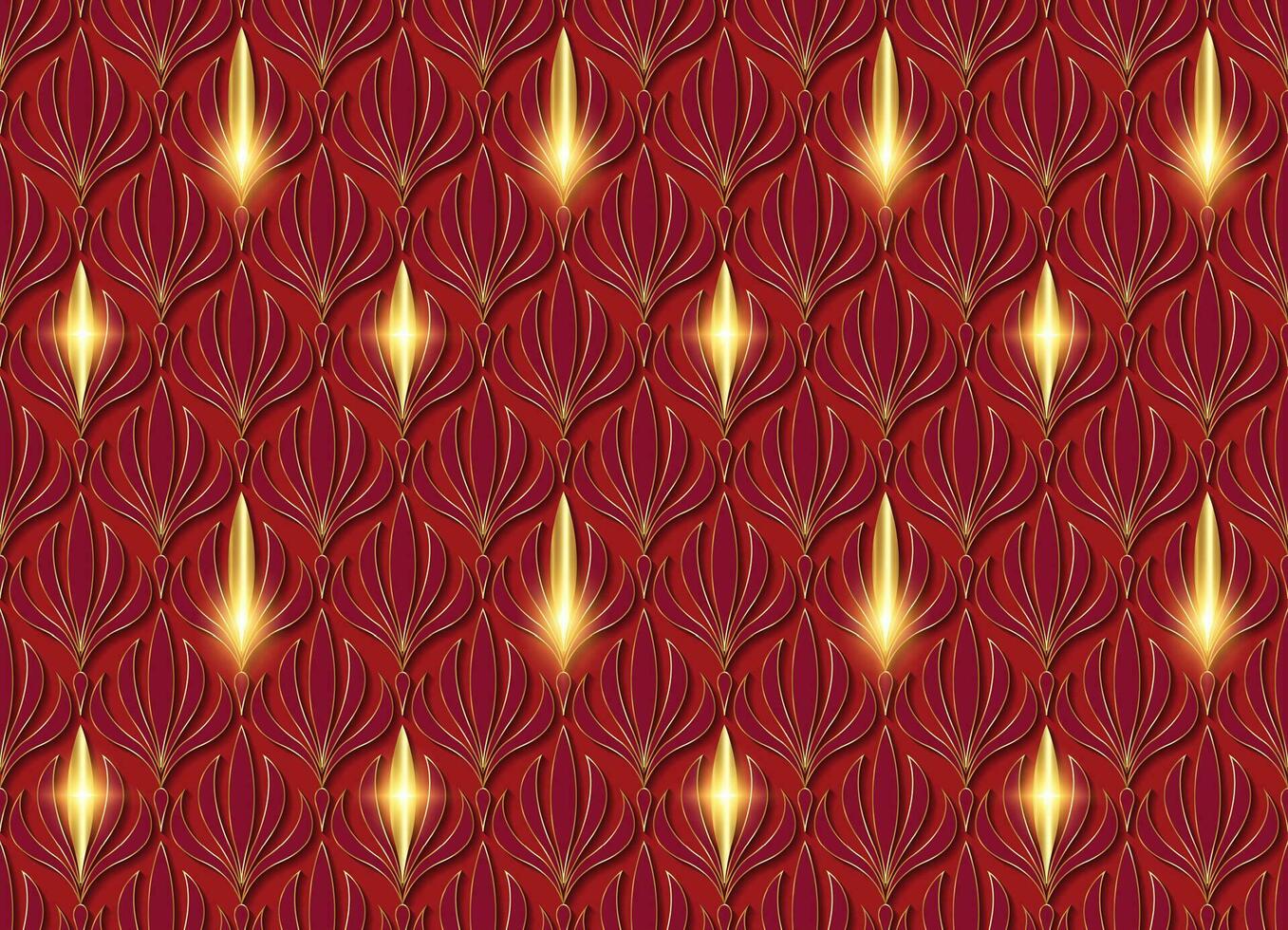 Gold Blumen- nahtlos Muster. Luxus retro stilvoll geometrisch Hintergrund mit Kunst Jugendstil Fliesen. Vektor geometrisch dekorativ Blätter Textur isoliert auf rot Hintergrund abstrakt golden Kunst Deko Stil