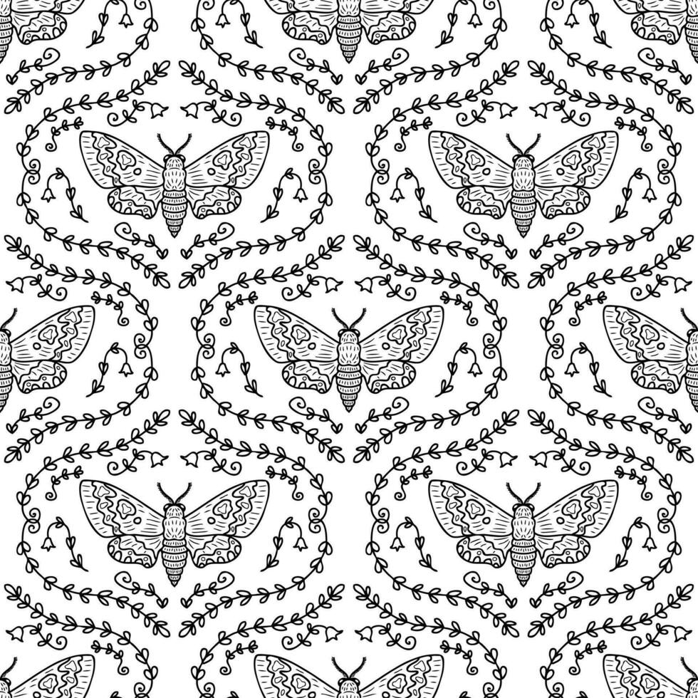 acherontia atropos svartvit realistisk klotter Hök fjäril sömlös mönster. perfekt skriva ut för tee, papper, textil- och tyg. vektor