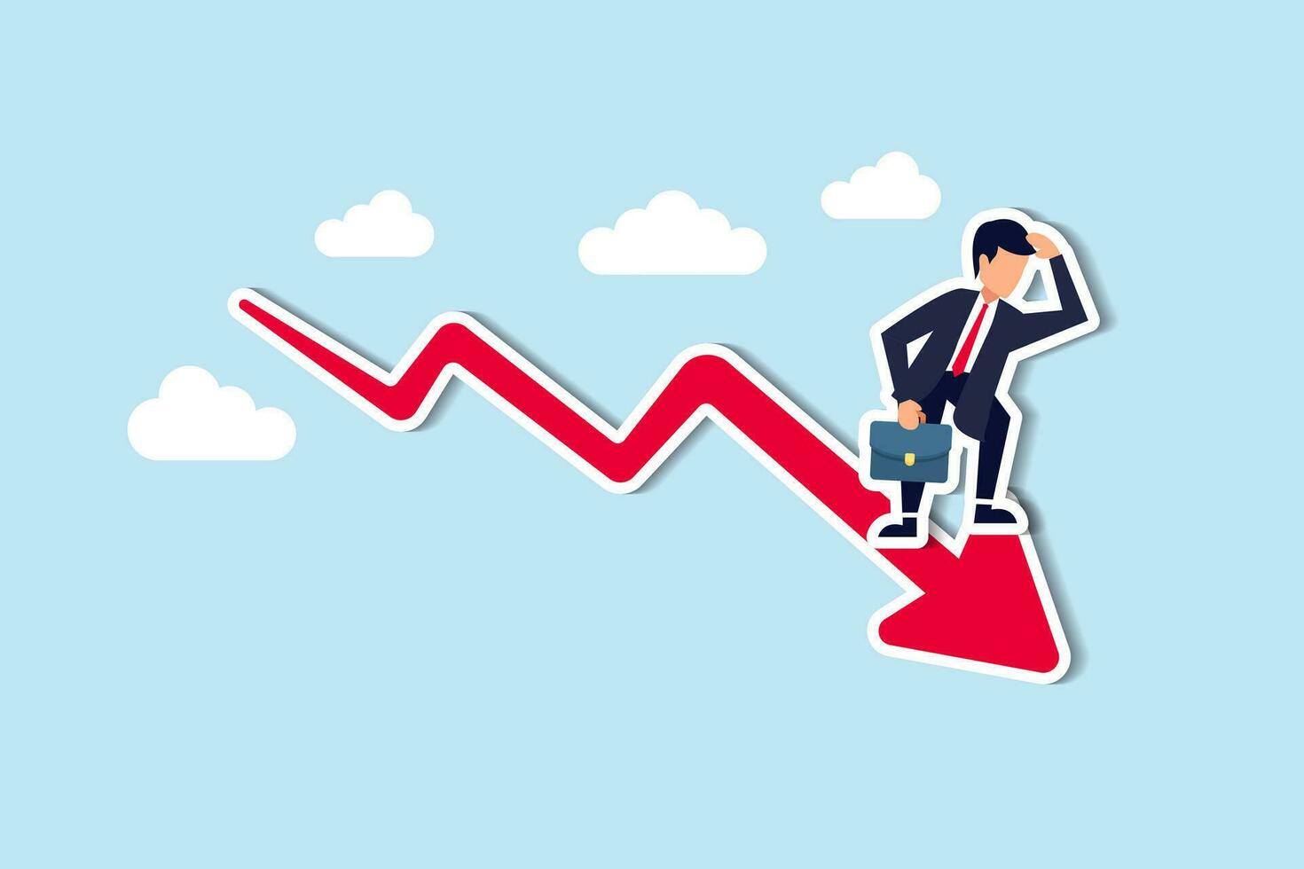 Wirtschaftsrezession, Börseneinbruch oder Herunterfallen, Kryptowährungs-Crash oder Finanzkrise aus Inflationskonzept, Geschäftsmann-Investor, der auf herunterfallendem rotem Diagramm steht, suchen nach dem Boden. vektor