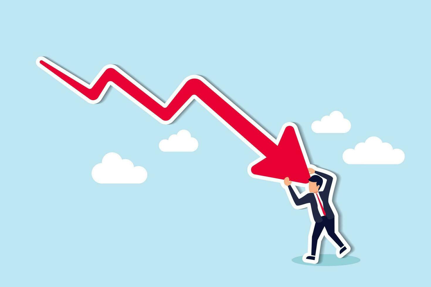 belastbarkeit, um investitionsunfälle, krisen oder rezessionen zu überleben, zurückdrängen oder bemühungen, geschäftliche herausforderungen zu gewinnen, wirtschaftliches rezessionskonzept, geschäftsmann, der mit voller anstrengung den pfeil nach unten drückt. vektor