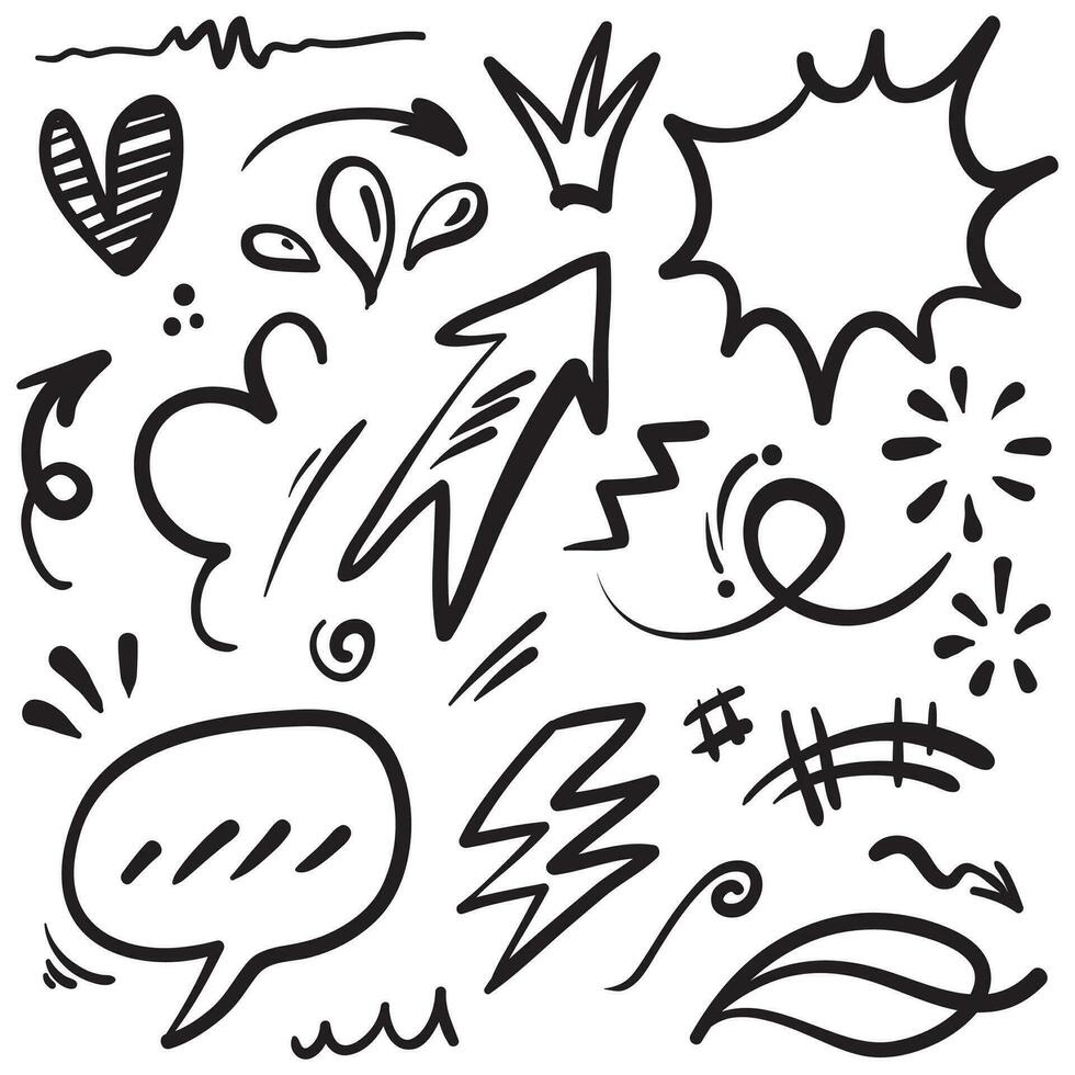 Vektorset von handgezeichneten Cartoony-Ausdruckszeichen-Doodle, Kurvenrichtungspfeilen, Emoticon-Effekt-Designelementen, Cartoon-Charakter-Emotionssymbolen, niedlichen dekorativen Pinselstrichlinien. vektor