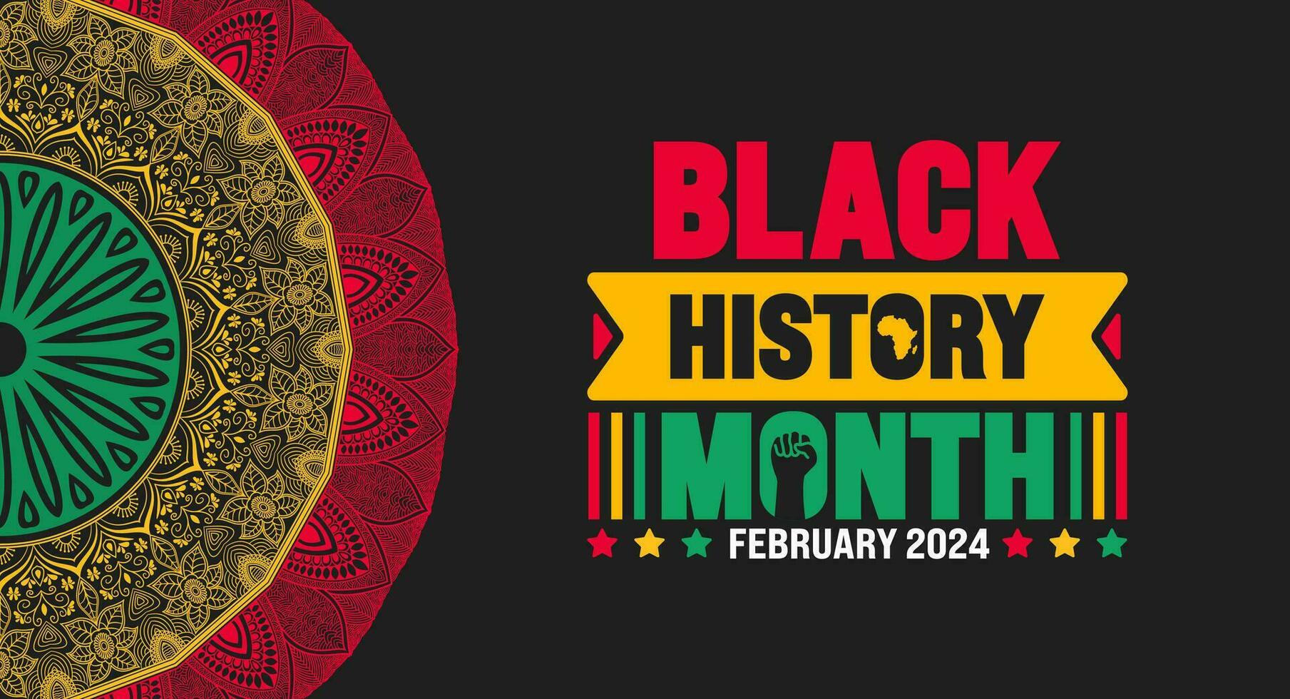 svart historia månad färgrik text typografi med mandala bakgrund. berömd februari i förenad stat, afrika och Kanada. juni oberoende dag. kwanzaa. vektor
