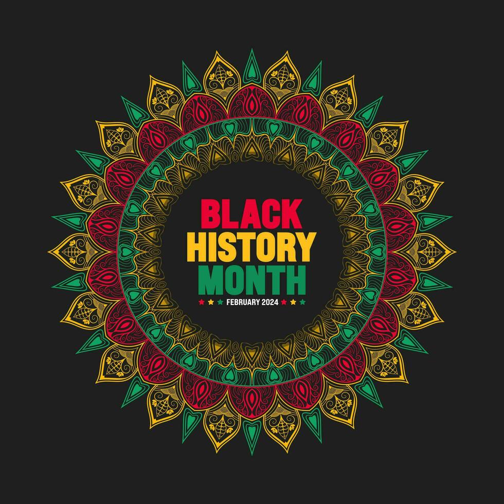 svart historia månad färgrik text typografi med mandala bakgrund. berömd februari i förenad stat, afrika och Kanada. juni oberoende dag. kwanzaa. vektor