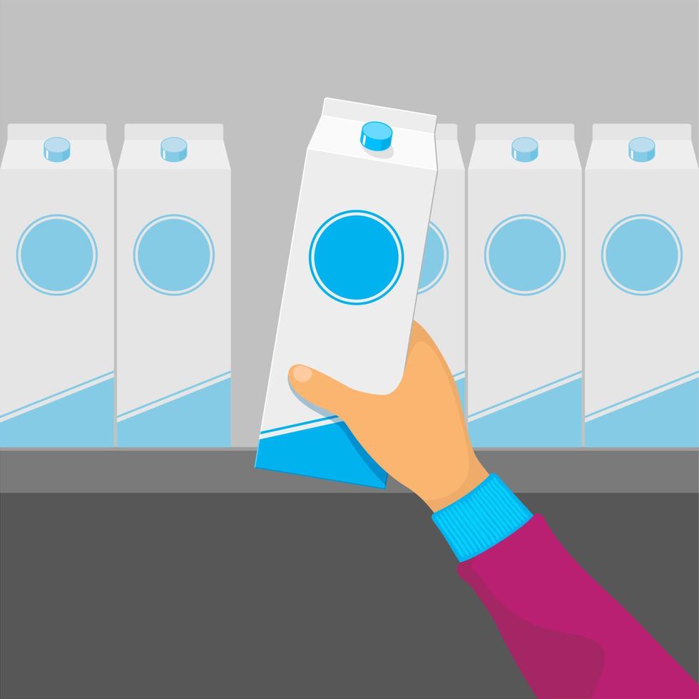 köparen tar ett paket mjölk från hyllan i snabbköpet. val och köp av produkter i butiken. vektor isometrisk platt stil illustration.