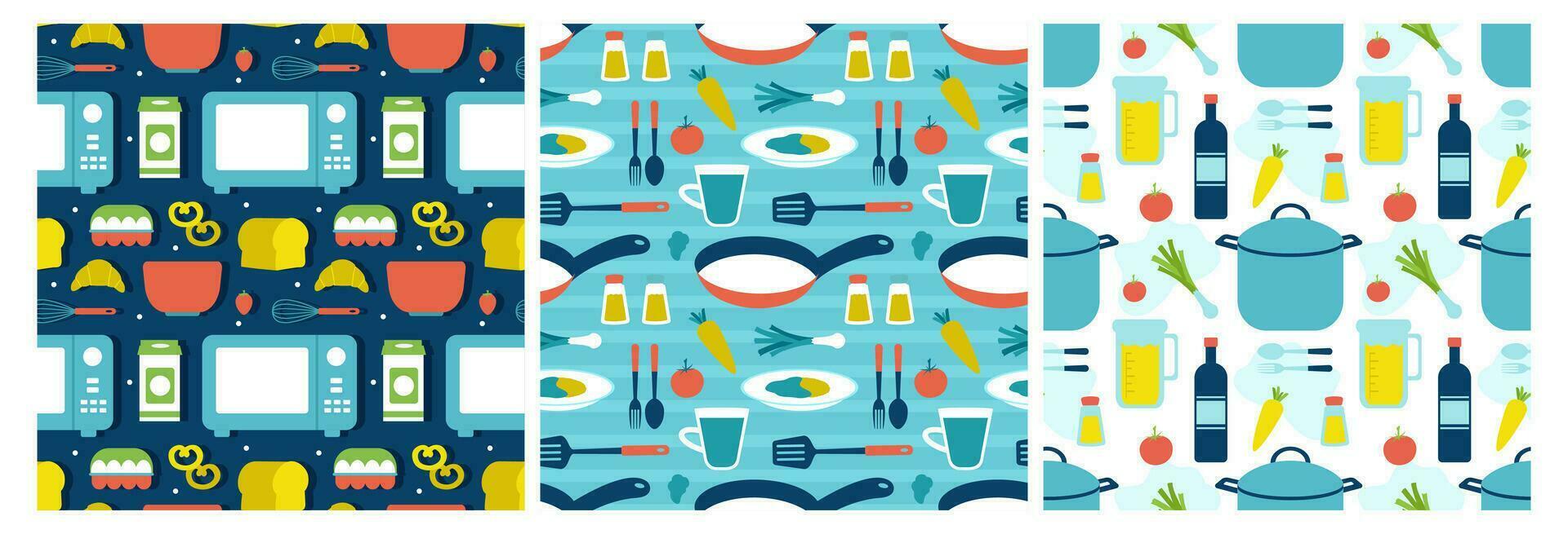 uppsättning av matlagning Utrustning sömlös mönster design illustration i platt tecknad serie mall hand dragen vektor