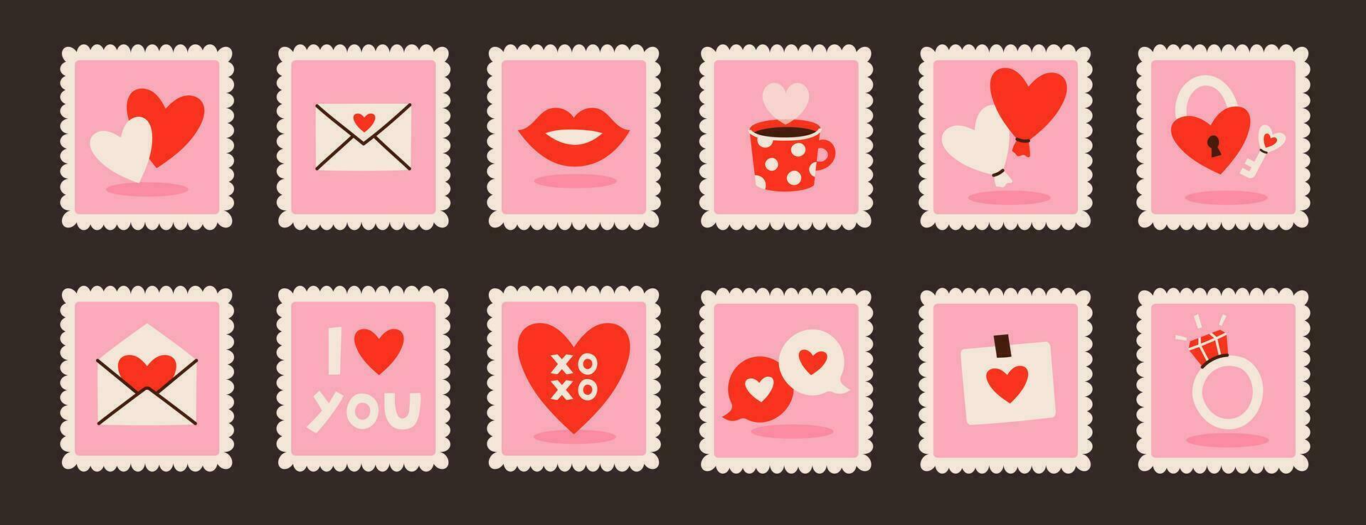 einstellen von romantisch bunt Briefmarken vektor