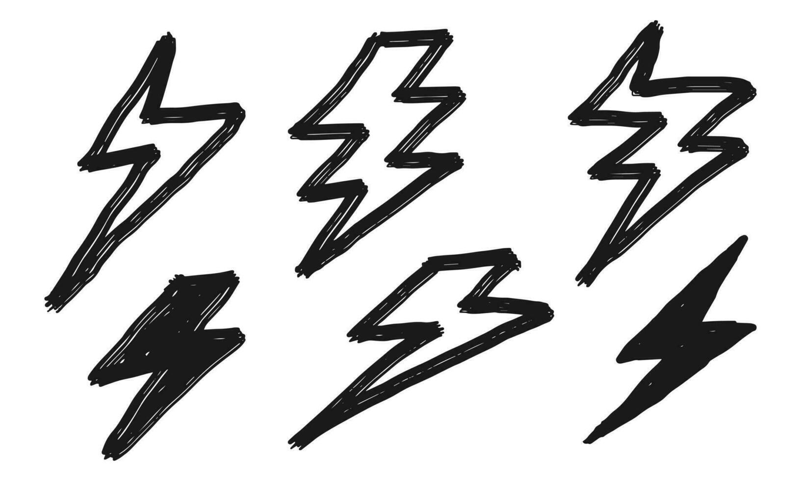 uppsättning av hand dragen elektrisk blixt. klotter åska bult och åskväder. isolerat på vit bakgrund. vektor illustration