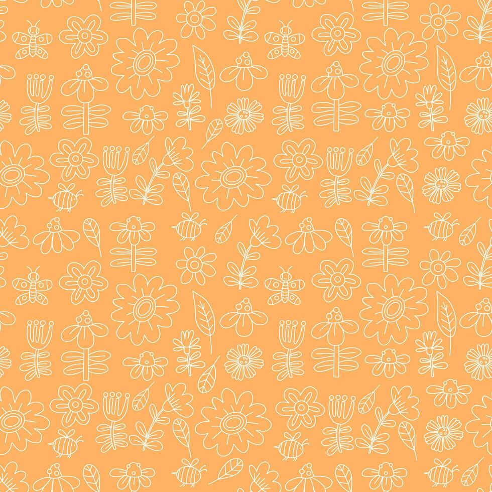 Blumen- nahtlos Muster. dekorativ linear Blumen, Schmetterlinge und Bienen auf Orange Hintergrund. Vektor Illustration im Stil Hand gezeichnet