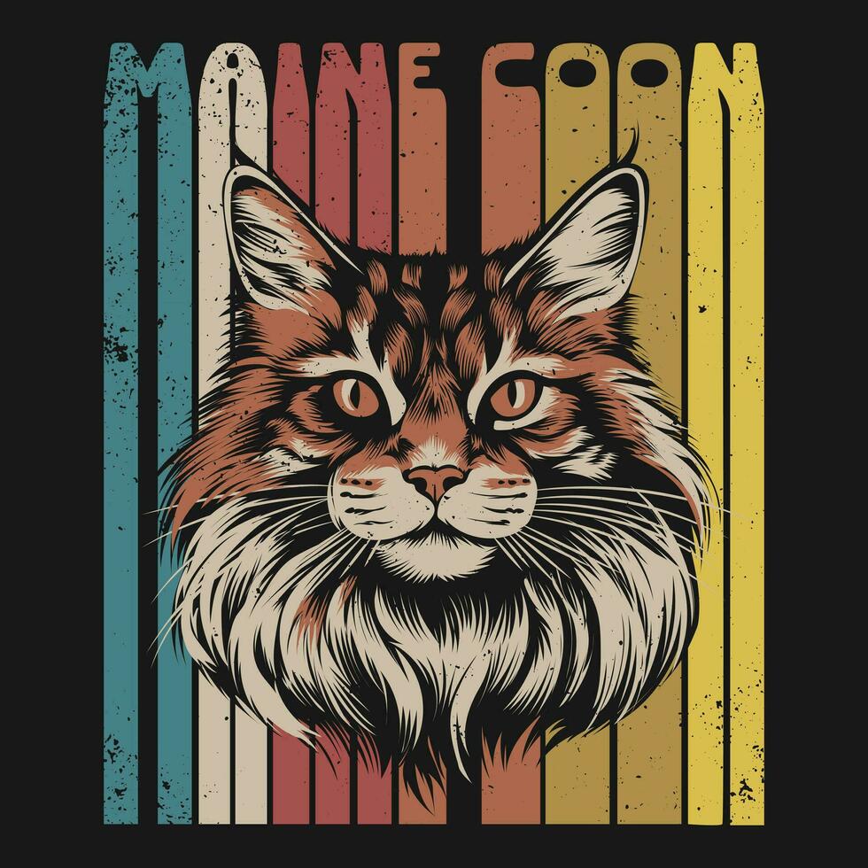 retro Maine Waschbär Katze T-Shirt Design vektor