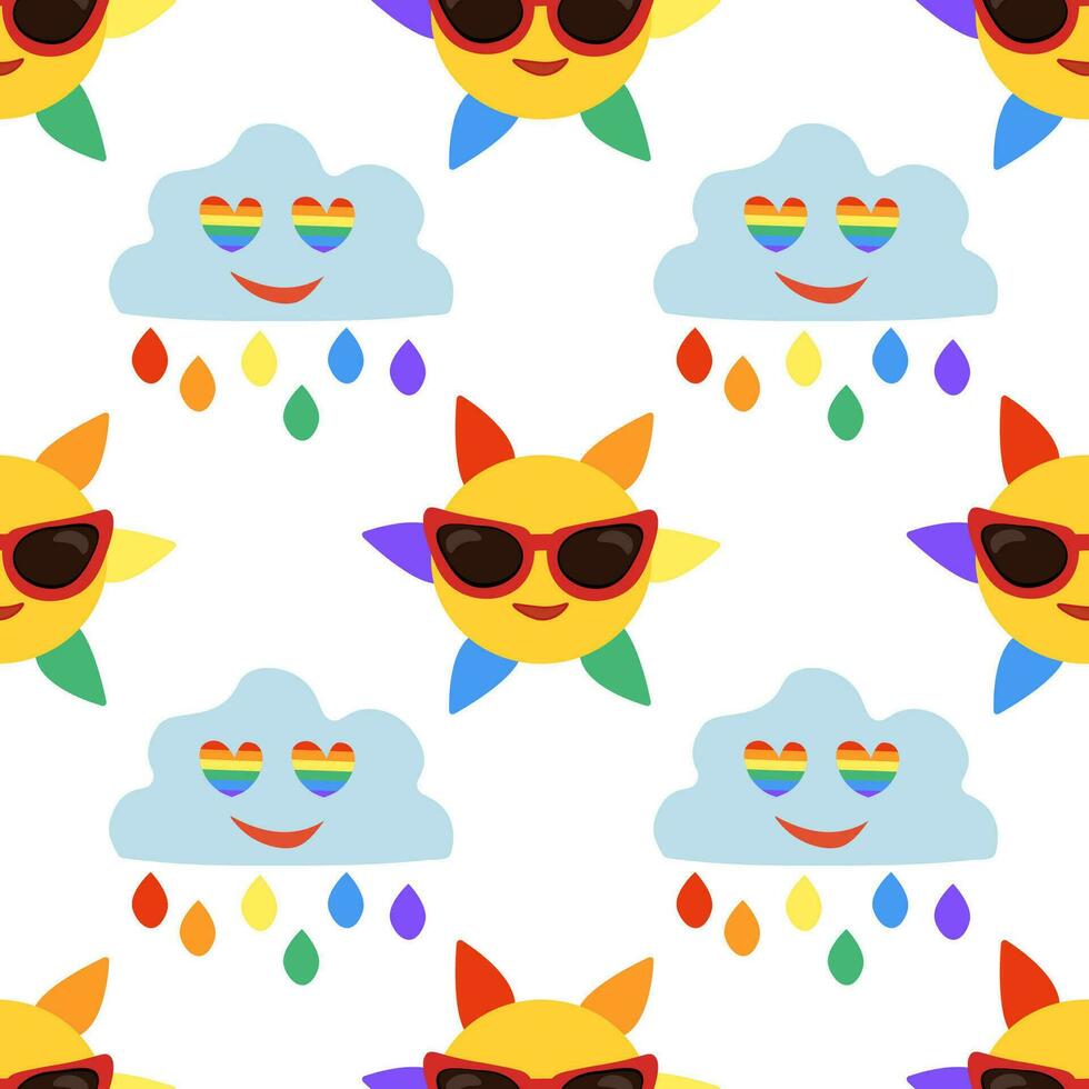 nahtlos Muster mit lgbt Lächeln Sonne im Sonnenbrille und Wolke mit Tropfen und Augen Herzen. lgbtq. Symbol von das lgbt Stolz Gemeinschaft. Regenbogen. Vektor eben Illustration.