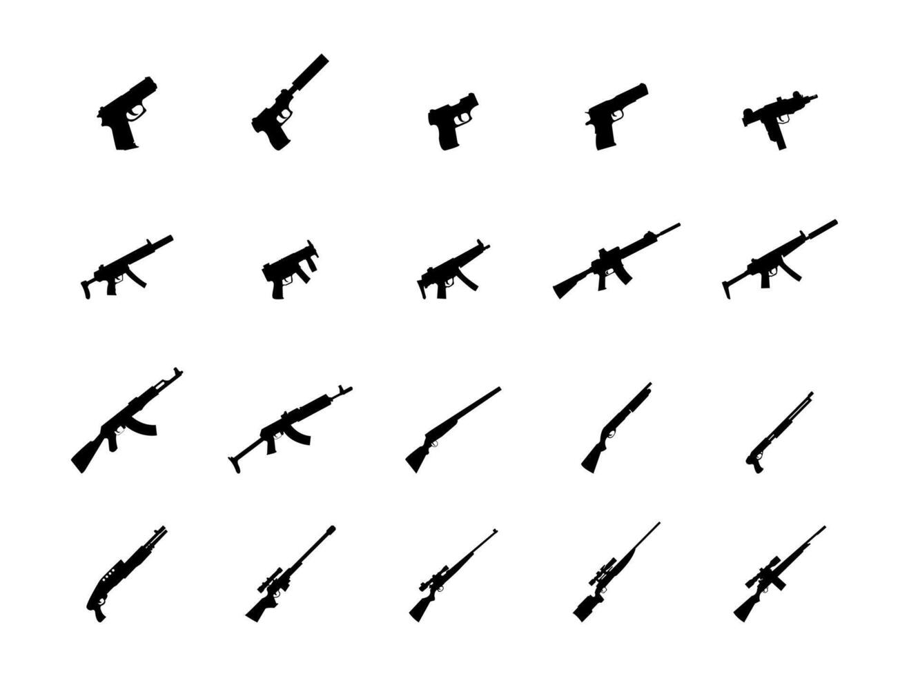 guns och vapen ikoner, gevär, pistoler, och maskin vapen, redigerbar vektor