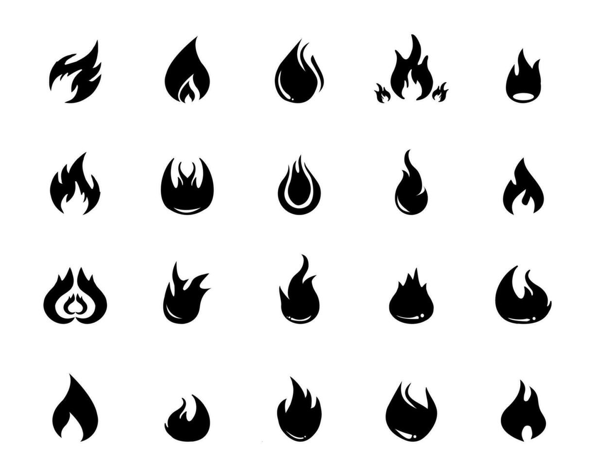 brand lågor, uppsättning vektor ikoner svart och vit av uppsättning brand ikon