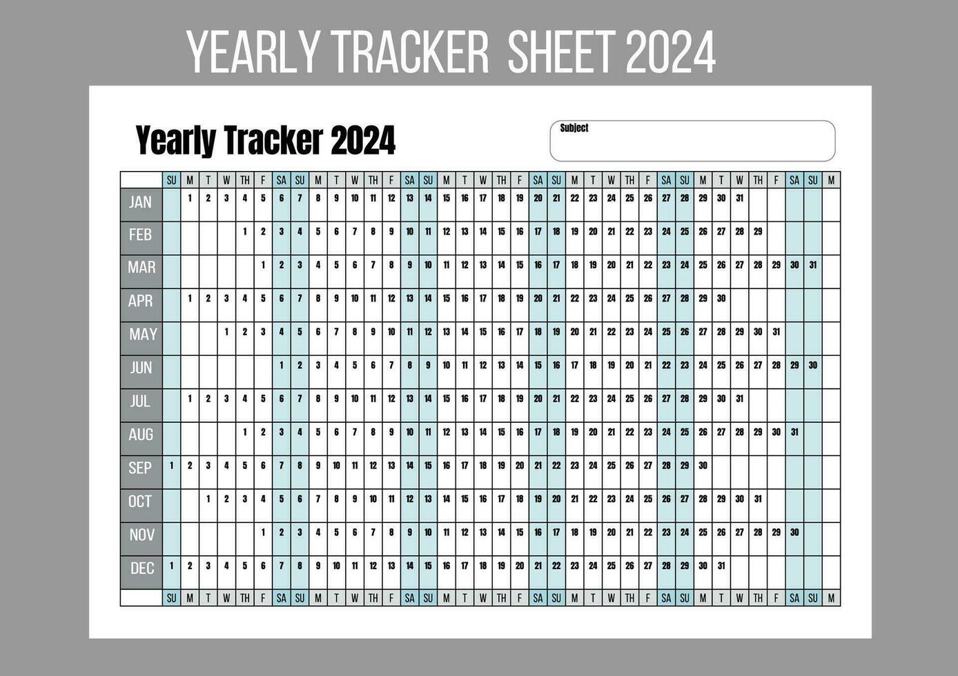 leer Jahr Tracker Blatt, Gewohnheit Tracker, Start auf Sonntag, 2024 Kalender Vorlage. vektor