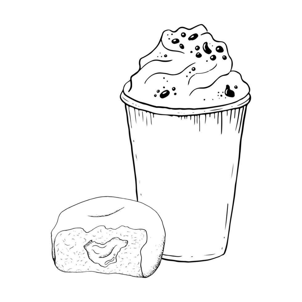 gebissen Krapfen und Milchshake mit ausgepeitscht Sahne und Schokolade Chips Vektor schwarz und Weiß Grafik Illustration. kalt Sommer- trinken und Süss köstlich Dessert