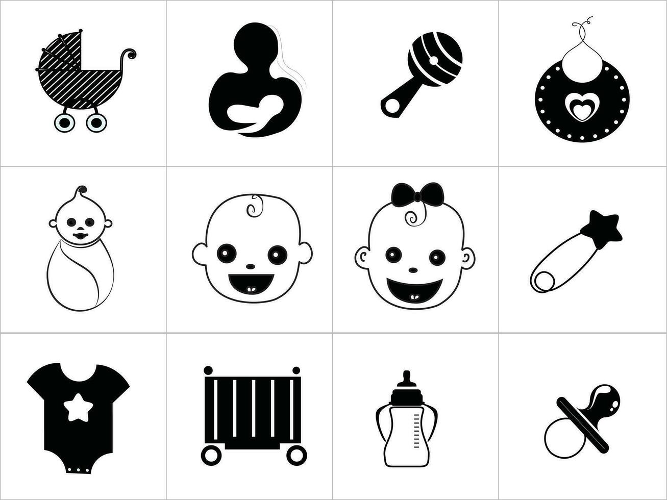 minimal uppsättning av söt bebis ikoner. bebis nappar, bebis barnvagnar, leksaker, bebis ljud, amning mammor, bebis spjälsängar vektor