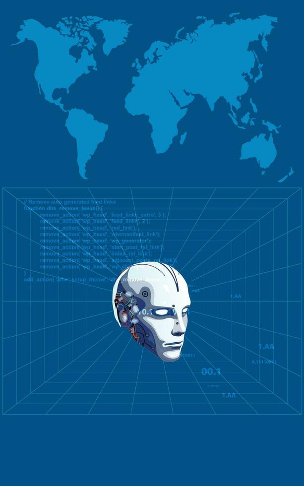 artificiell intelligens i en cyborg huvud med ett elektronisk hjärna. neuralt nät för förståelse de värld. maskin inlärning teknologi begrepp. sci-fi cybernetiska robot med ai. vektor