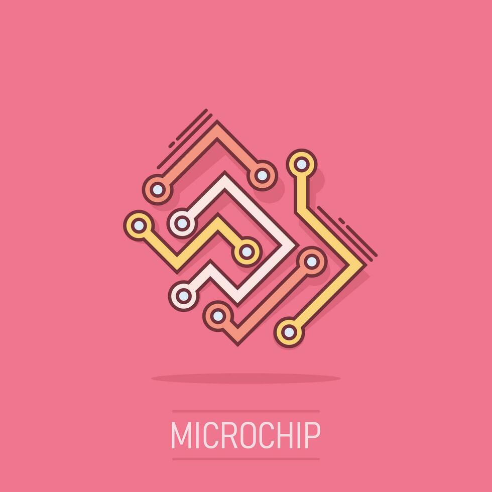 Platinensymbol im Comic-Stil. Technologie Mikrochip Vektor Cartoon Illustration Piktogramm. Prozessor-Motherboard-Geschäftskonzept-Splash-Effekt.