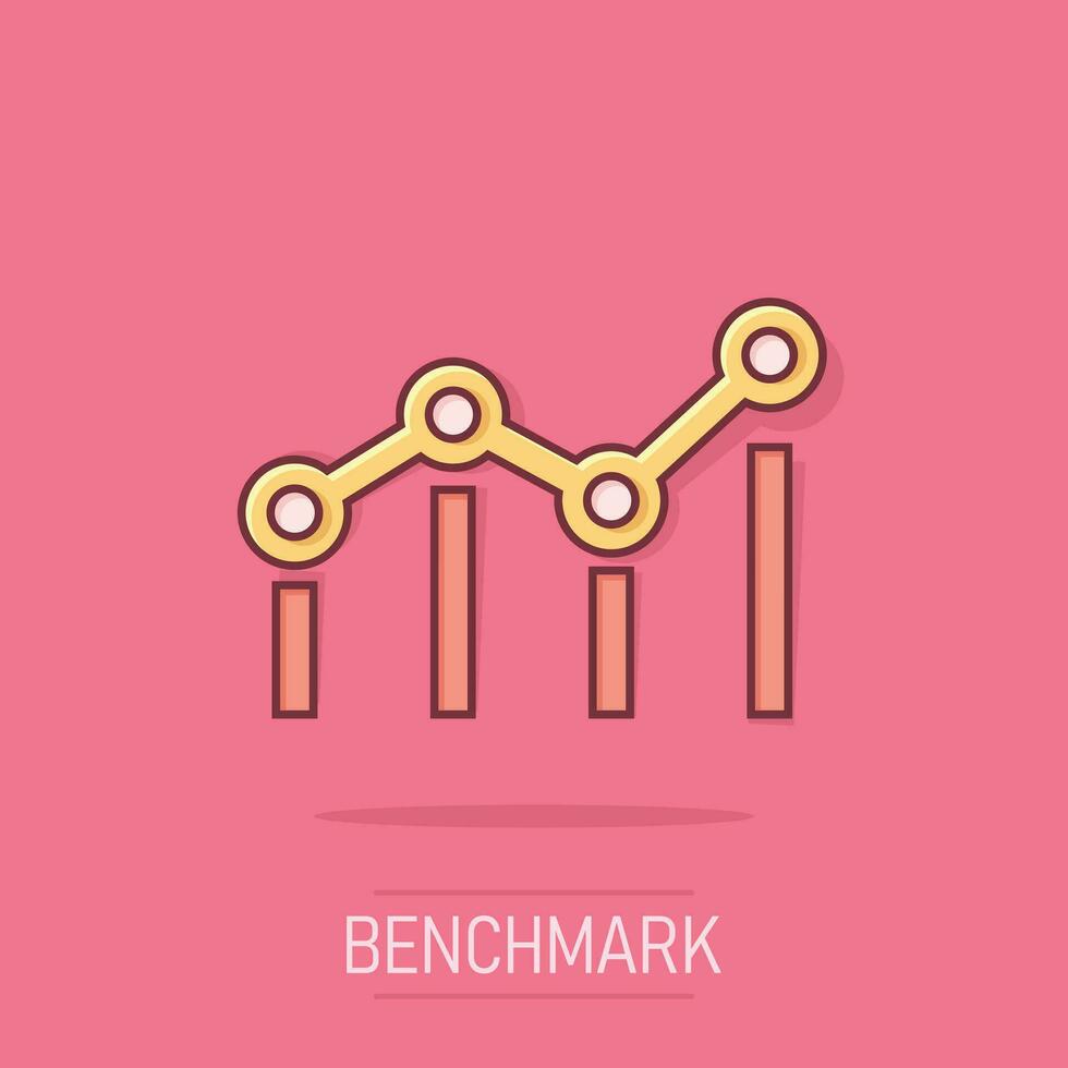 Benchmark-Maß-Symbol im Comic-Stil. Dashboard-Rating-Vektor-Cartoon-Illustration auf weißem, isoliertem Hintergrund. Splash-Effekt für das Fortschrittsservice-Geschäftskonzept. vektor