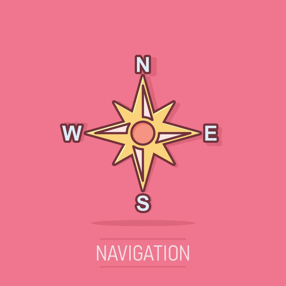 globales Navigationssymbol im Comic-Stil. Kompass-GPS-Vektor-Cartoon-Illustration auf weißem, isoliertem Hintergrund. Standorterkennung Geschäftskonzept Splash-Effekt. vektor