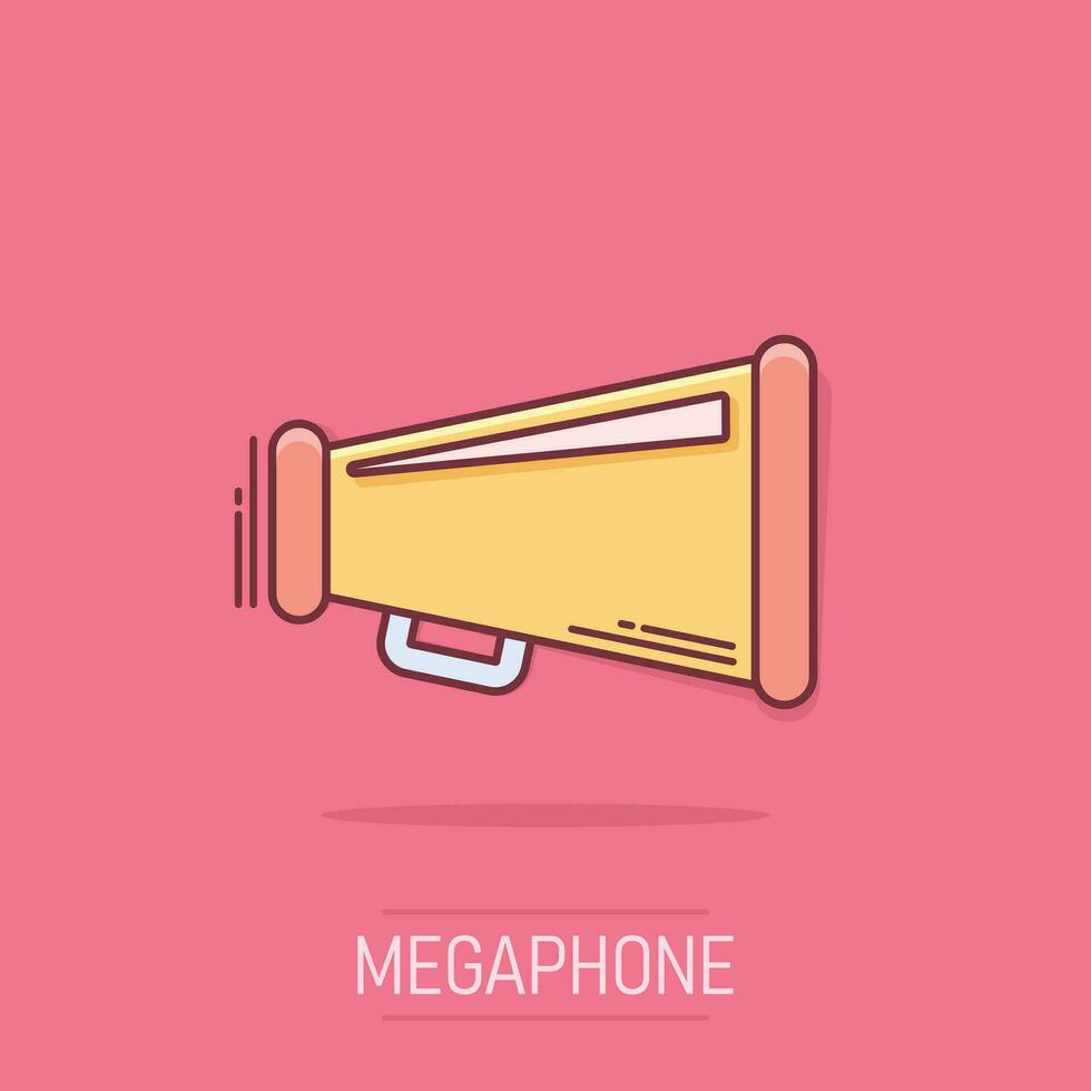 Megaphon-Lautsprecher-Symbol im Comic-Stil. Megaphon Audiodurchsage Vektor Cartoon Illustration Piktogramm. Megafon-Rundfunk-Business-Konzept-Splash-Effekt.