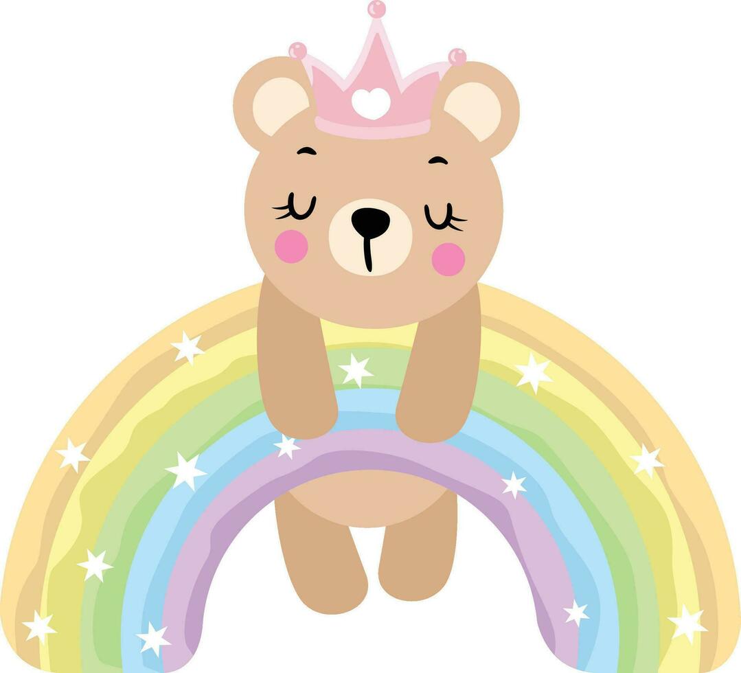 süß Prinzessin Teddy Bär hängend auf Magie Regenbogen vektor