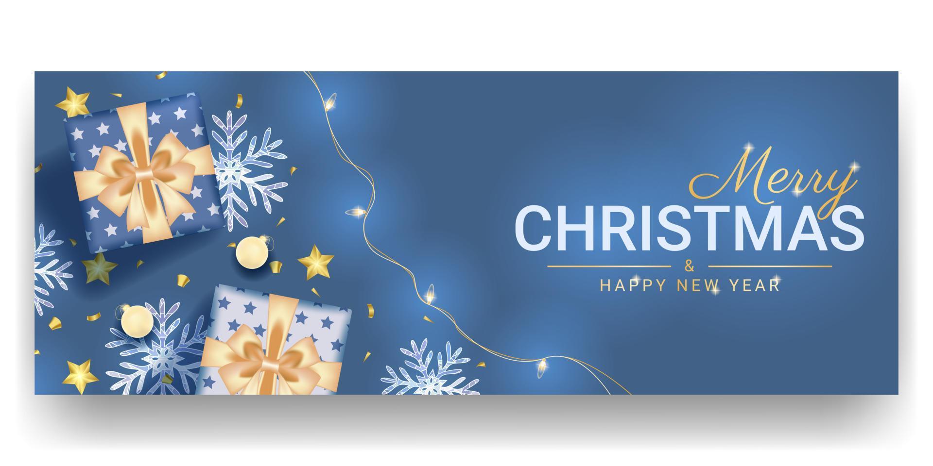 Frohe Weihnachten und ein glückliches neues Banner-Design mit realistischer blauer Dekoration vektor