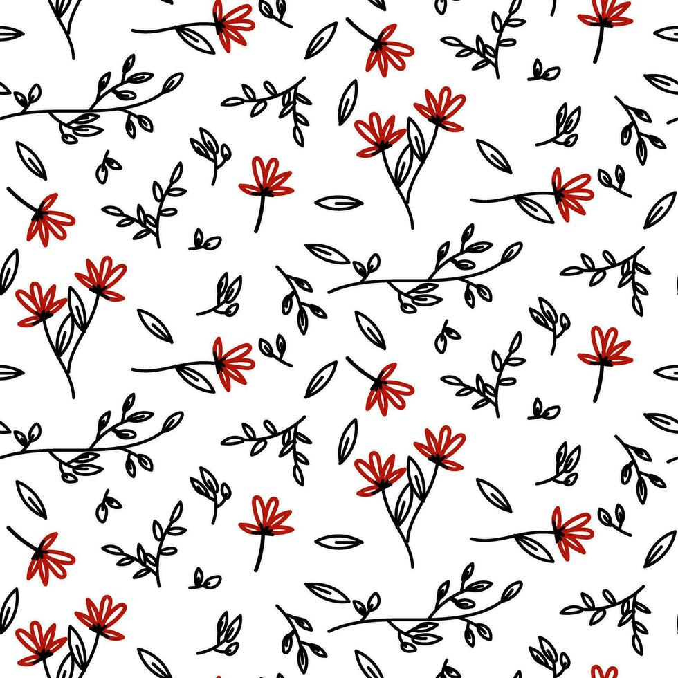 Blumen- nahtlos Vektor Muster mit Blühen Blumen, endlos Textur, Gekritzel wiederholen Hintergrund schwarz und Weiß Rot. Vektor Illustration zum Hochzeit Einladung, Hintergrund, Verpackung, Textilien