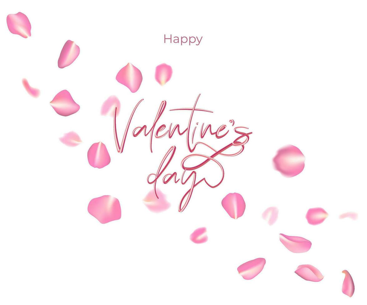 Rosa Blütenblätter anmutig fliegen um golden Valentinstag Beschriftung. das romantisch Design, auf ein Weiß Hintergrund, ist perfekt zum Karten, Einladungen, und festlich Dekorationen. nicht ai. vektor