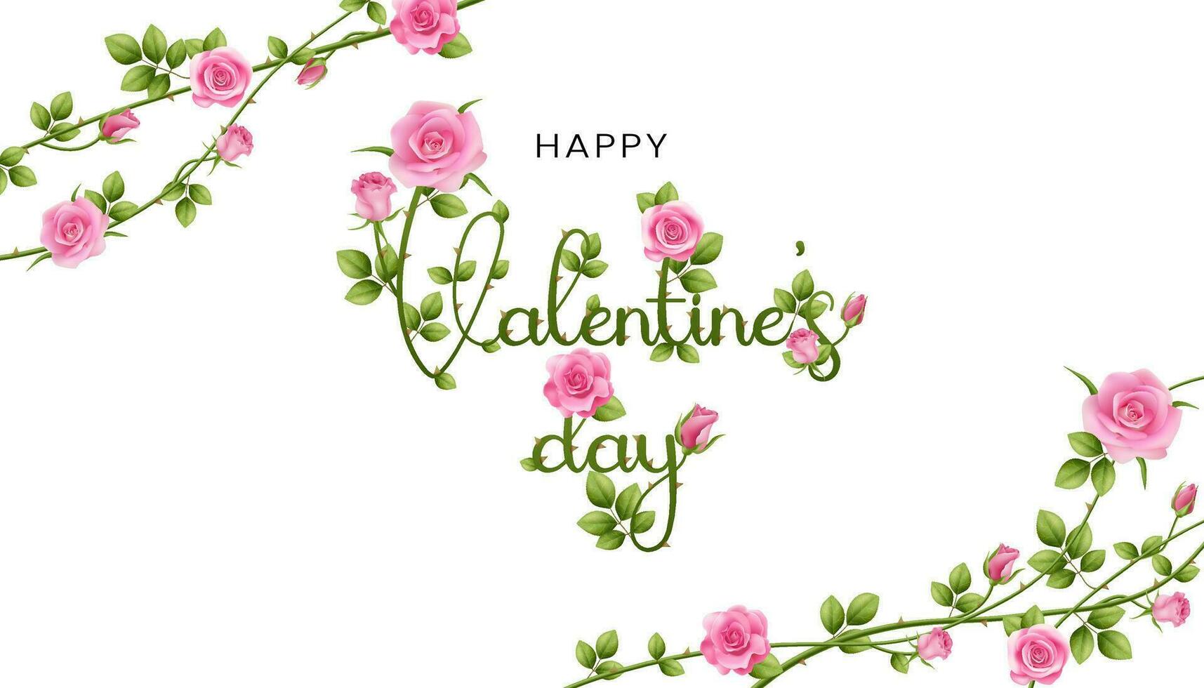 ein realistisch Rosa Rosen und Reben, Erstellen ein Valentinstag Tag Beschriftung. das schön Blumen auf ein Weiß Hintergrund Angebot ein Jahrgang berühren, perfekt zum Gruß Karten oder dekorativ Banner. nicht ai. vektor