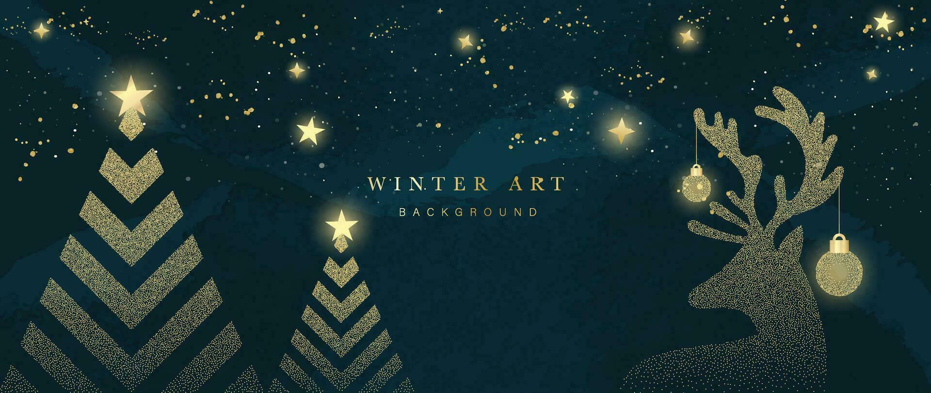 lyx jul och Lycklig ny år begrepp bakgrund vektor. elegant glittrande guld jul träd dekorerad med ren på mörk blå bakgrund. design för tapet, kort, omslag, affisch. vektor