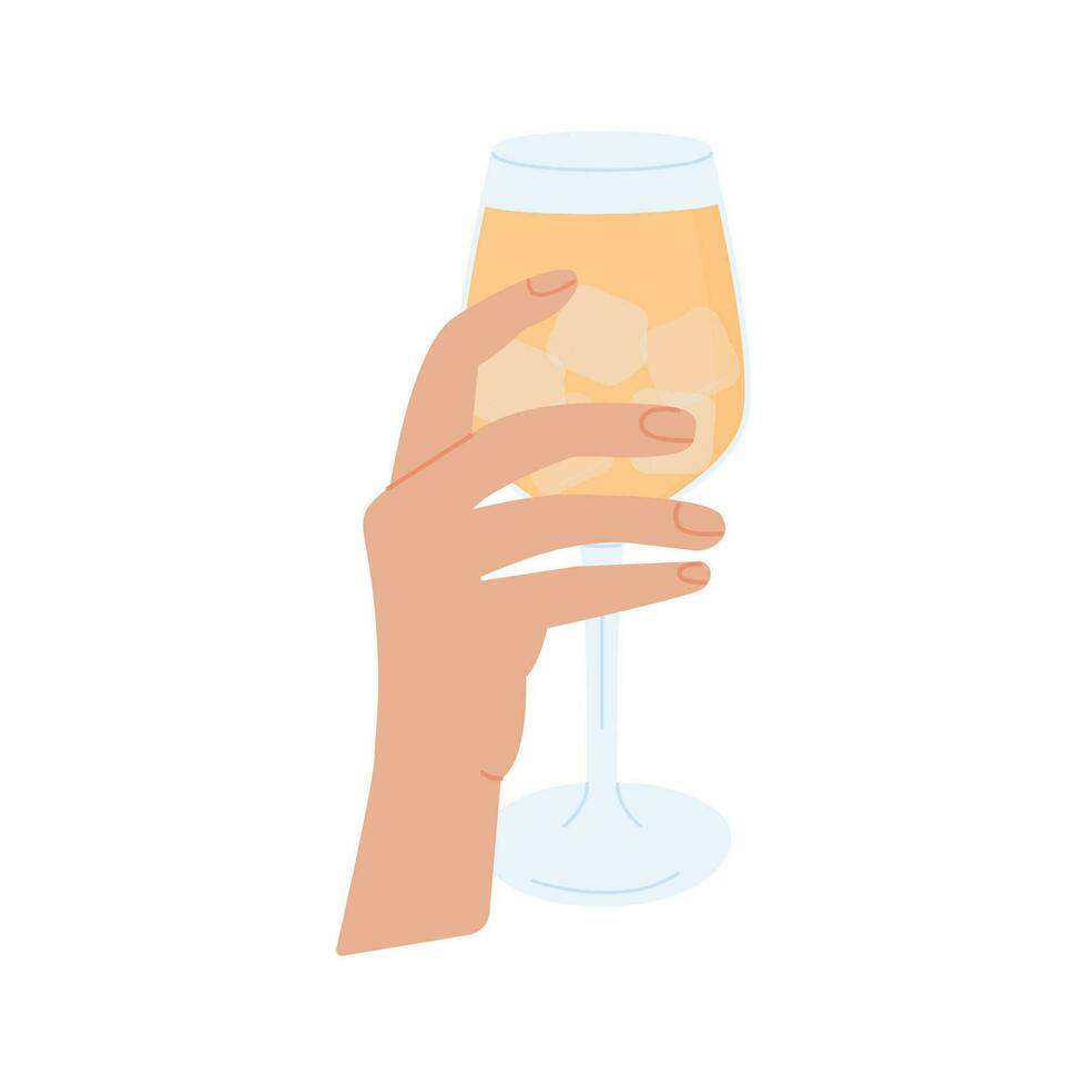 weiblich oder männlich Hand halten Glas von Cocktail mit Eis. Weinglas mit Alkohol trinken oder Bier. Sommer- Aperitif, alkoholisch Getränk. farbig Grafik eben Vektor Illustration isoliert auf Weiß Hintergrund