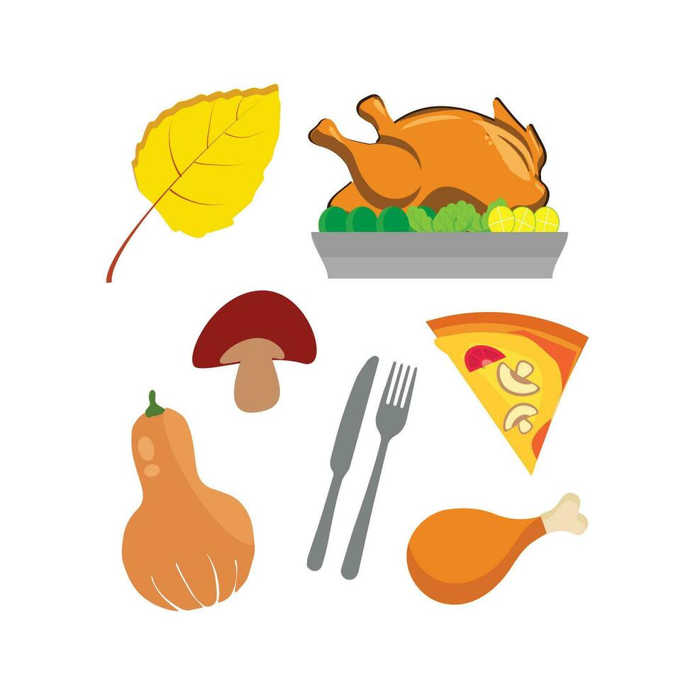 tacksägelse ikoner. höst element med steka Kalkon. pumpa, pilgrim hatt, paj, grönsaker, frukter. höst Semester säsong. vektor illustration