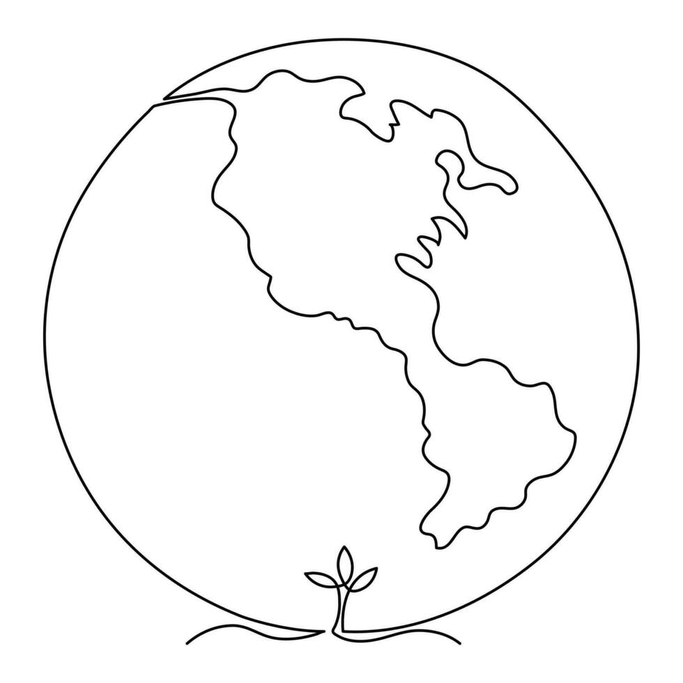 global Karte Grün Erde Planet Welt Ökologie von kontinuierlich einer Linie Kunst Zeichnung Erde Tag Gliederung Vektor Illustration